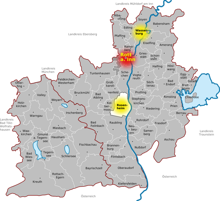Karte vom Landkreis Rosenheim und Miesbach mit den 2 Rettungswachen Waserburg und Rosenheim